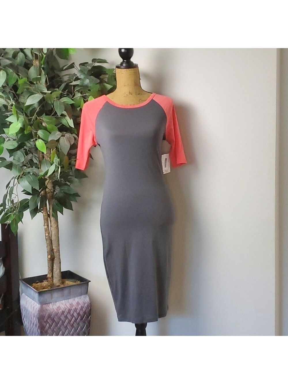 NEW LuLaRoe Julia Dress Raglan Colorblock XS Gray Coral